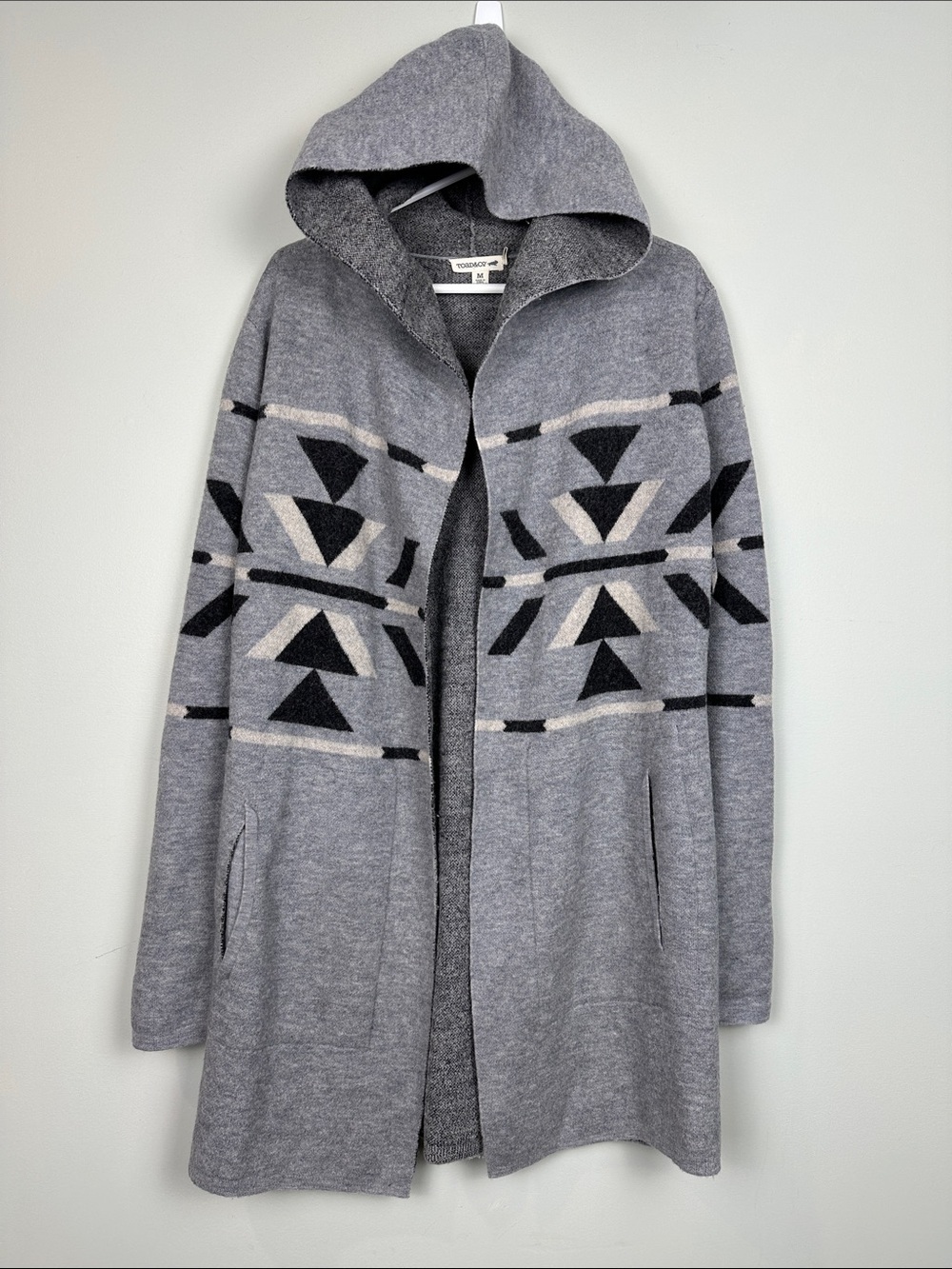 Toad & Co merino wool 100% Aztec cardigan hooded open long gray southwestern